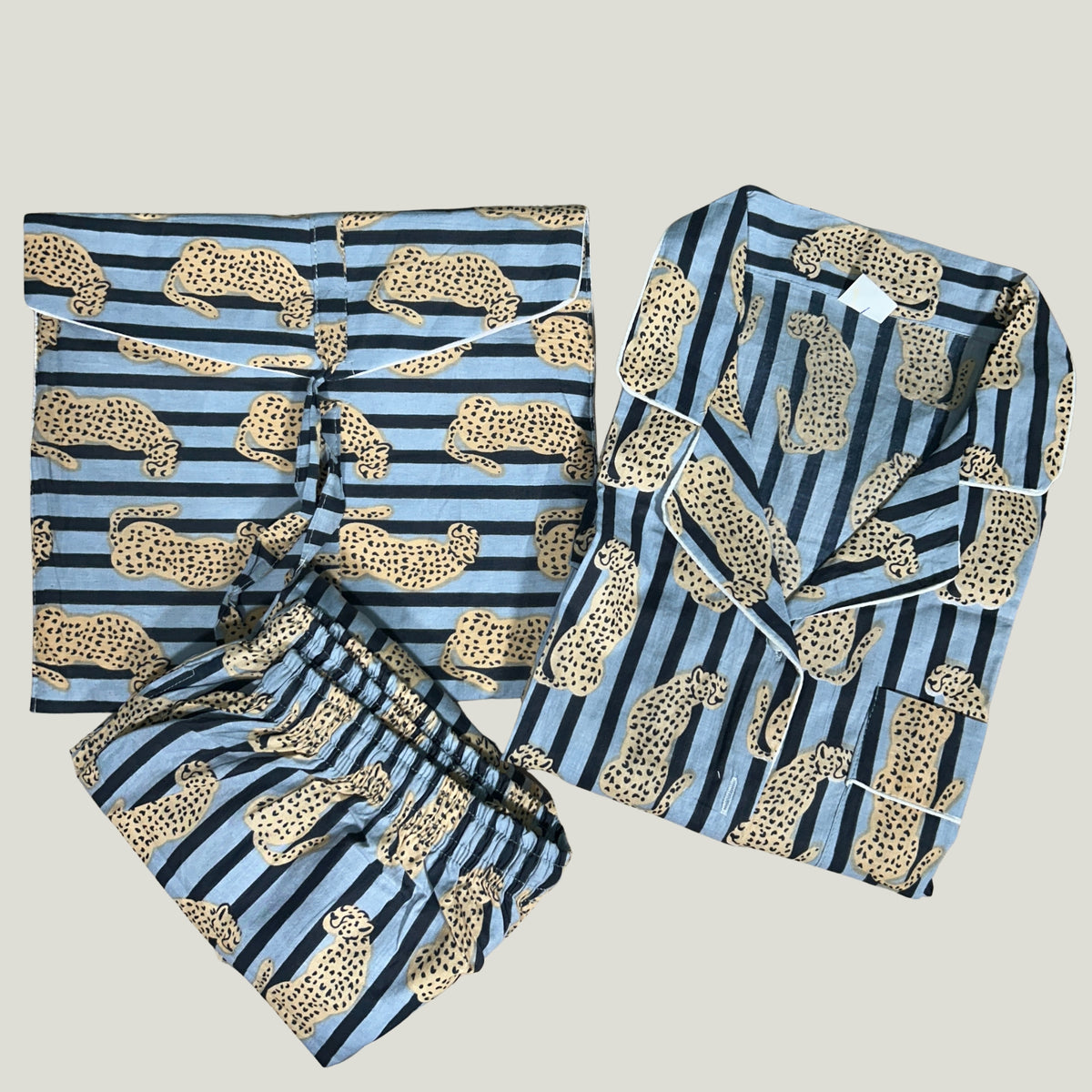 Leopard & Stripe Hand Block Print Cotton Pyjama Set with Pouch