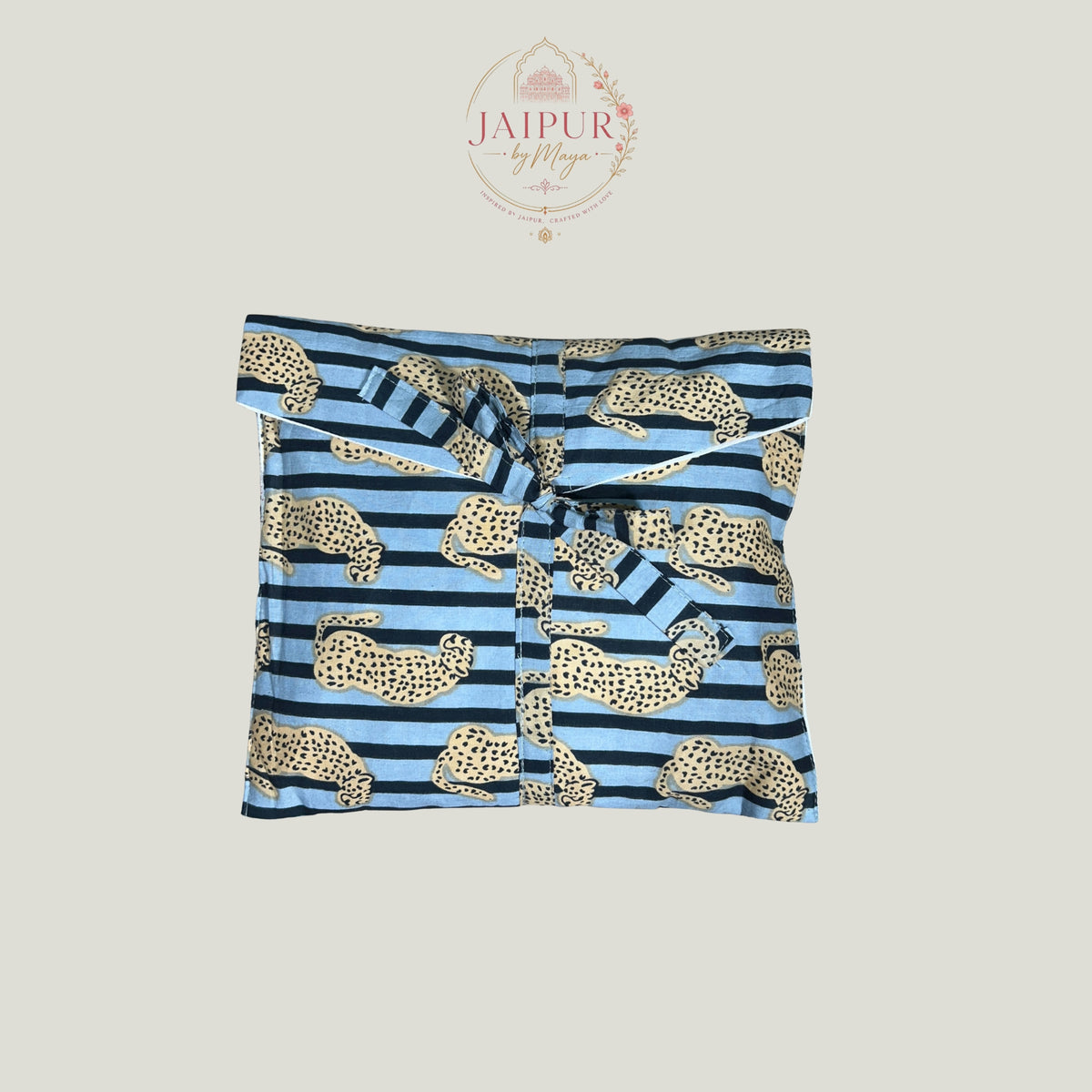 Leopard & Stripe Hand Block Print Cotton Pyjama Set with Pouch