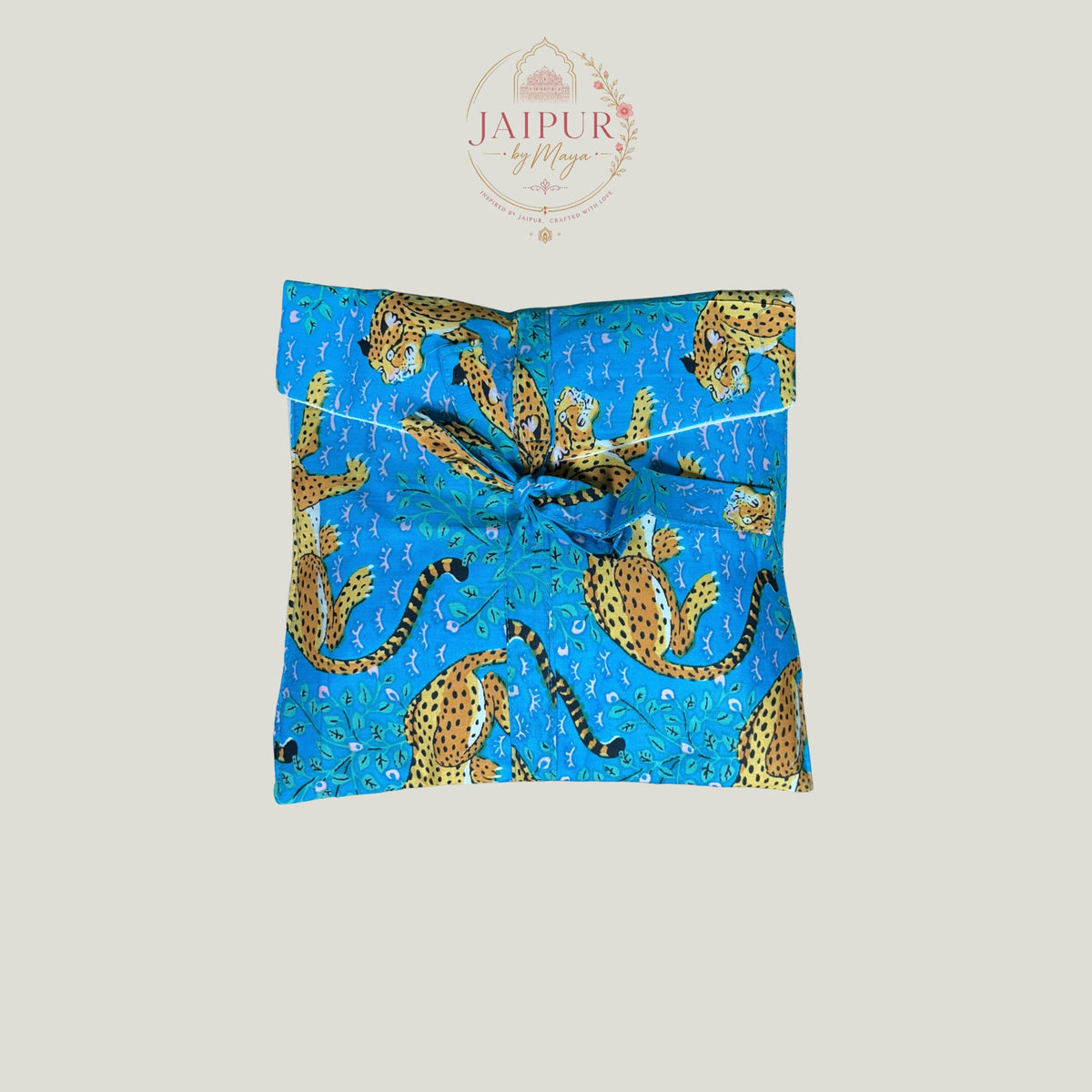 Blue Leopard & Botanical Hand Block Print Cotton Pyjama Set with Pouch-Medium Size
