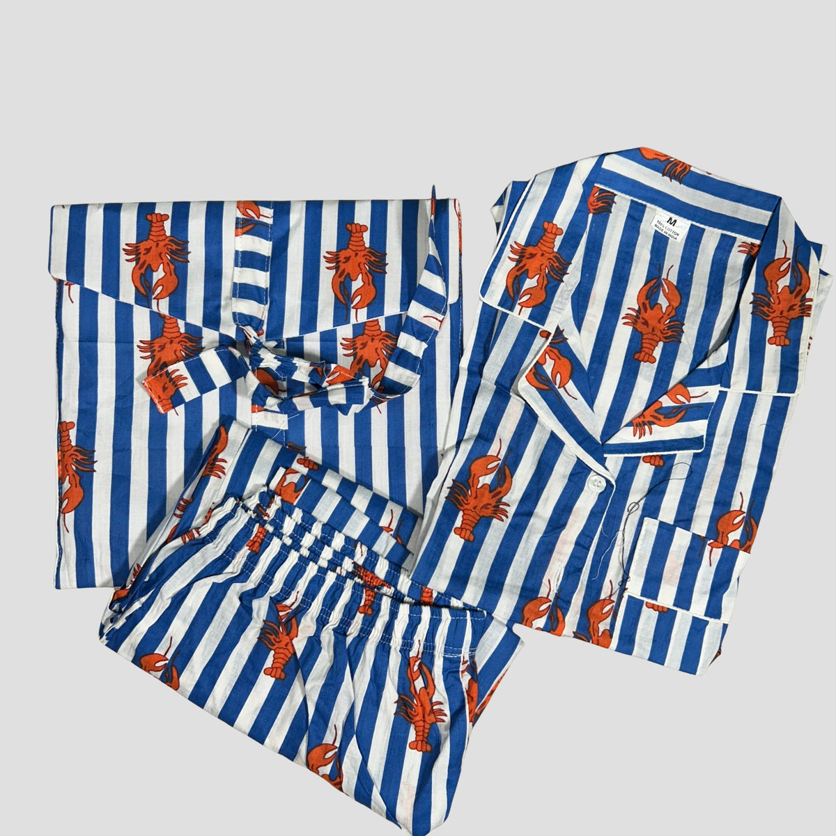 Lobster & Stripe Hand Block Print Cotton Pyjama Set with Pouch