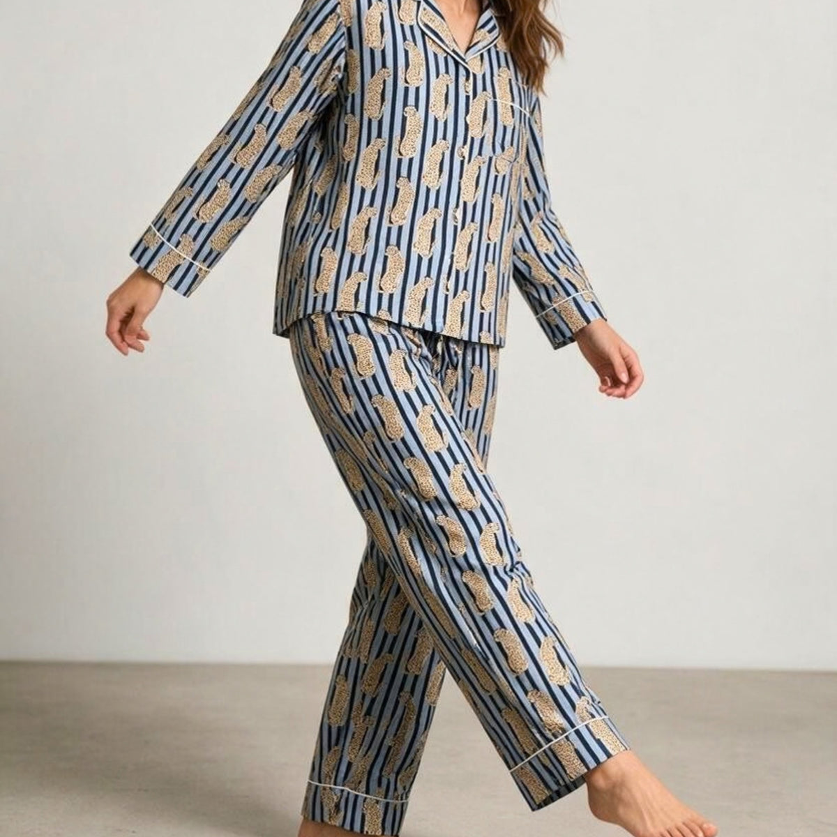 Leopard & Stripe Hand Block Print Cotton Pyjama Set with Pouch