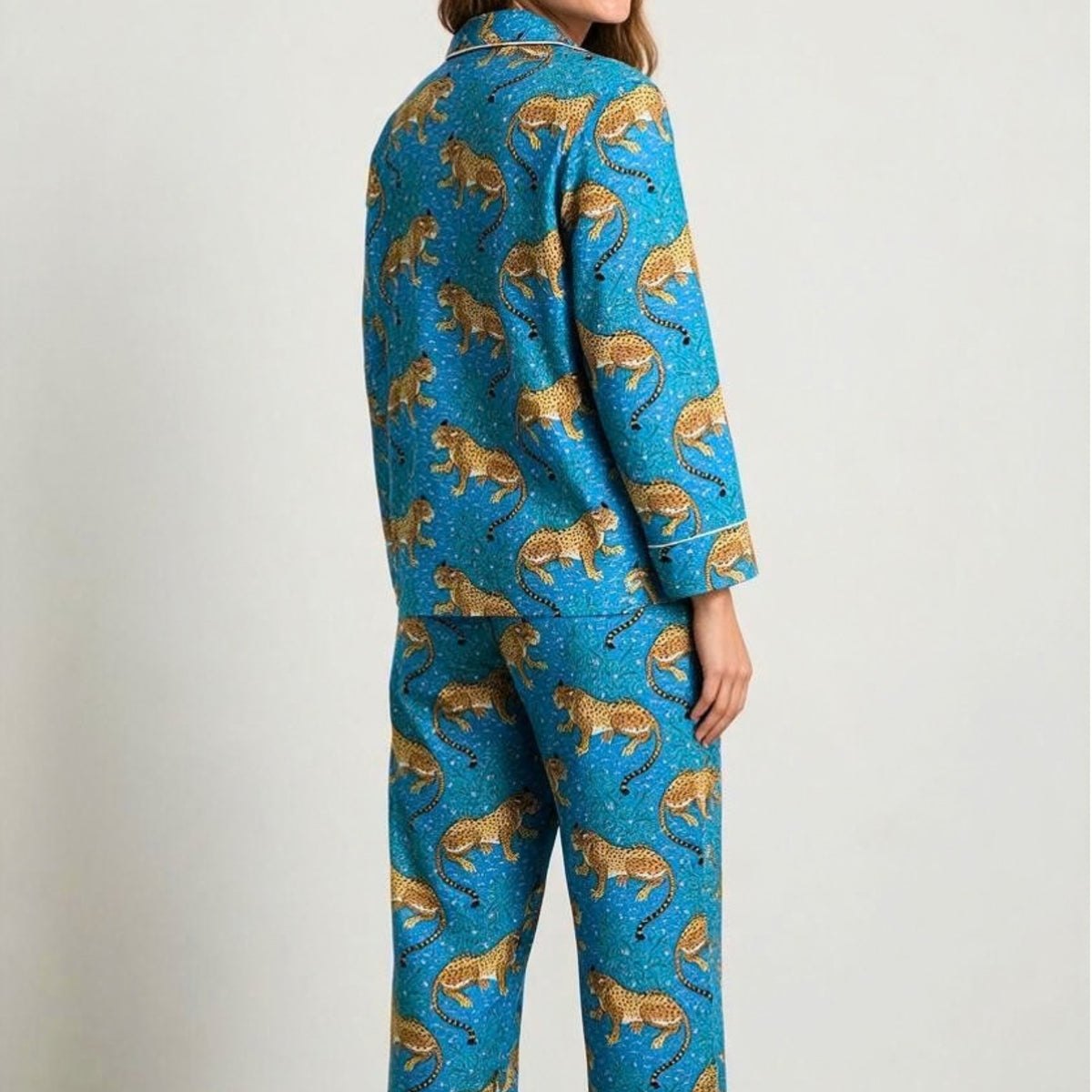 Blue Leopard & Botanical Hand Block Print Cotton Pyjama Set with Pouch-Medium Size
