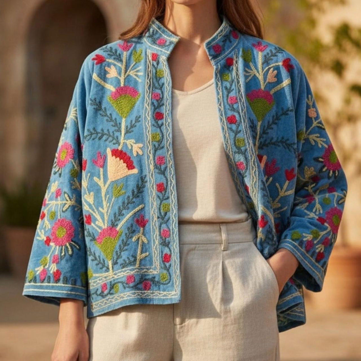 Blue Embroidered Velvet Jacket – Reversible with Cotton Reverse, Floral Design
