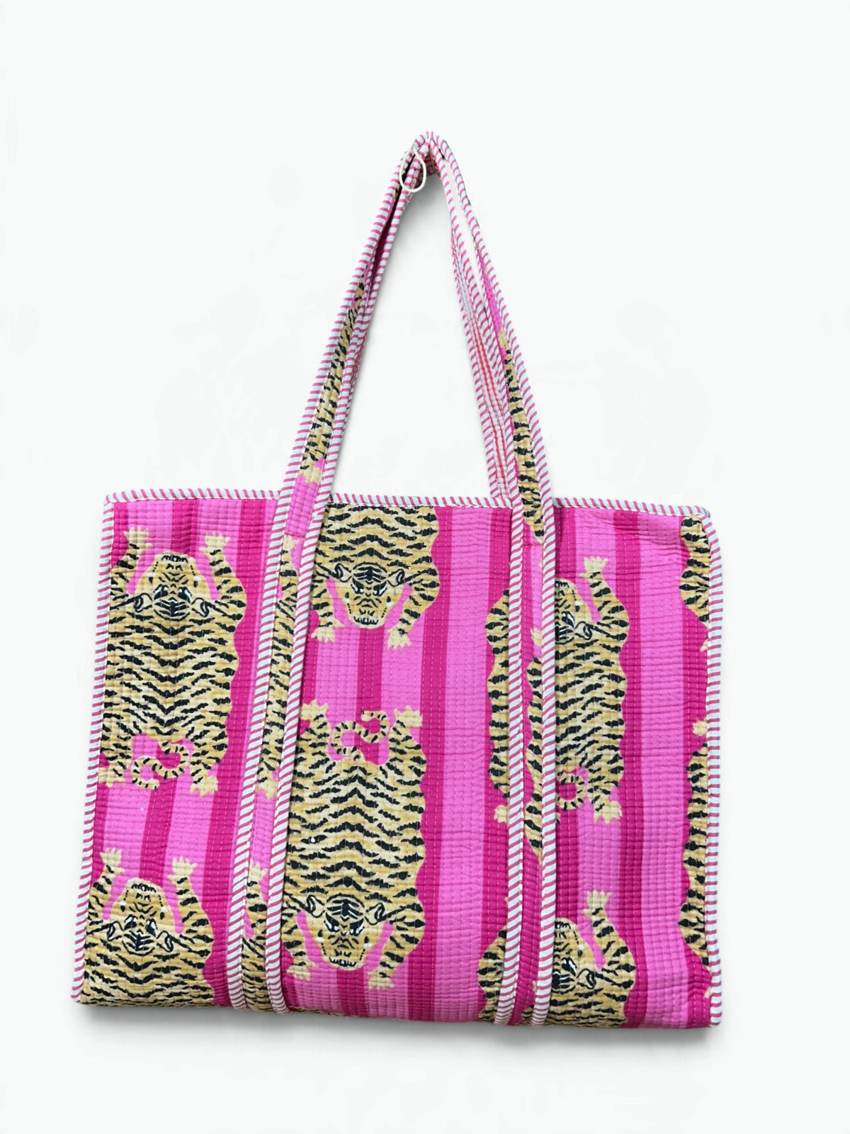 Large Pink Tiger Print Quilted Tote Bag | Striped Cotton Shoulder Tote