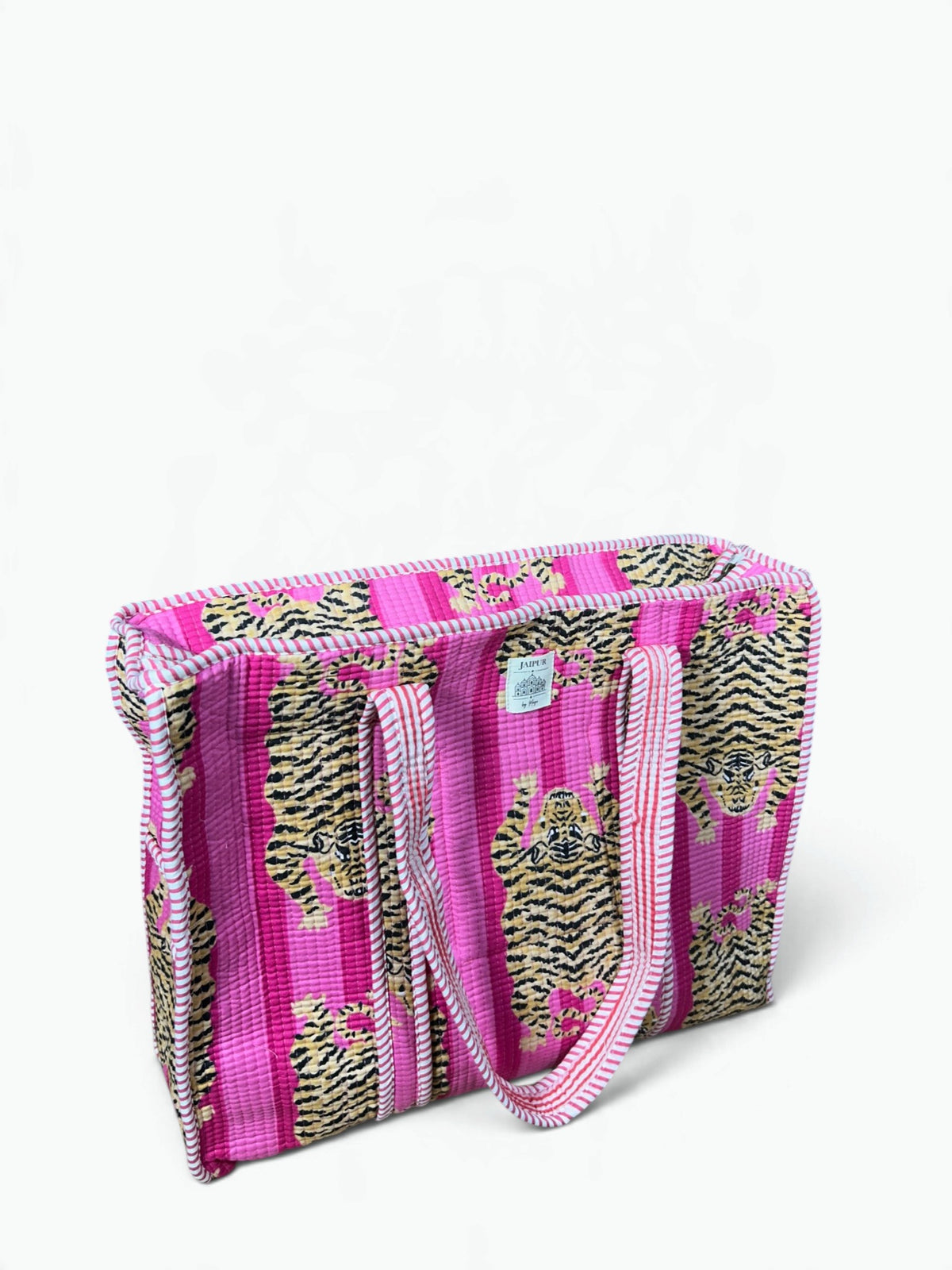 Large Pink Tiger Print Quilted Tote Bag | Striped Cotton Shoulder Tote