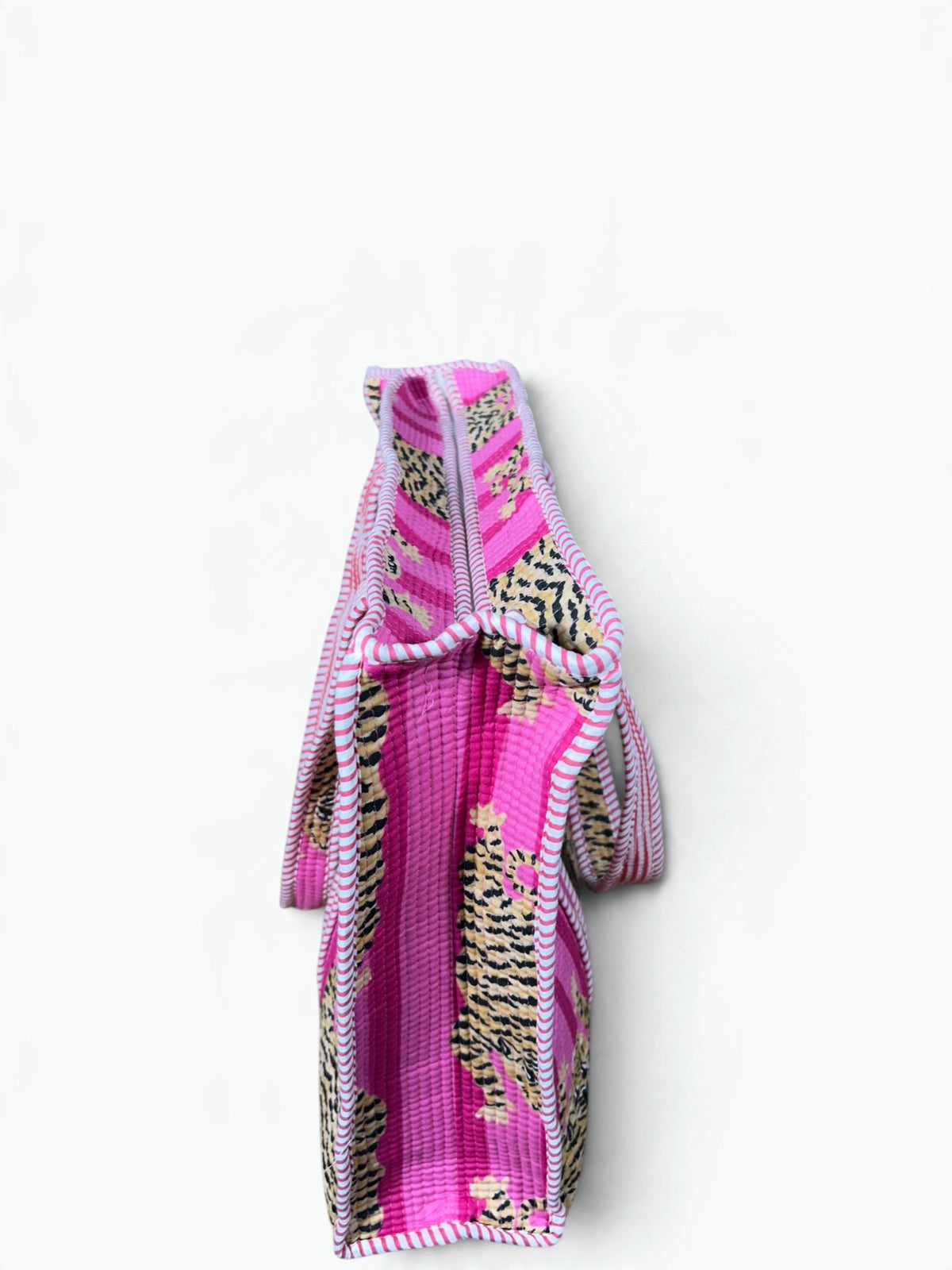 Large Pink Tiger Print Quilted Tote Bag | Striped Cotton Shoulder Tote
