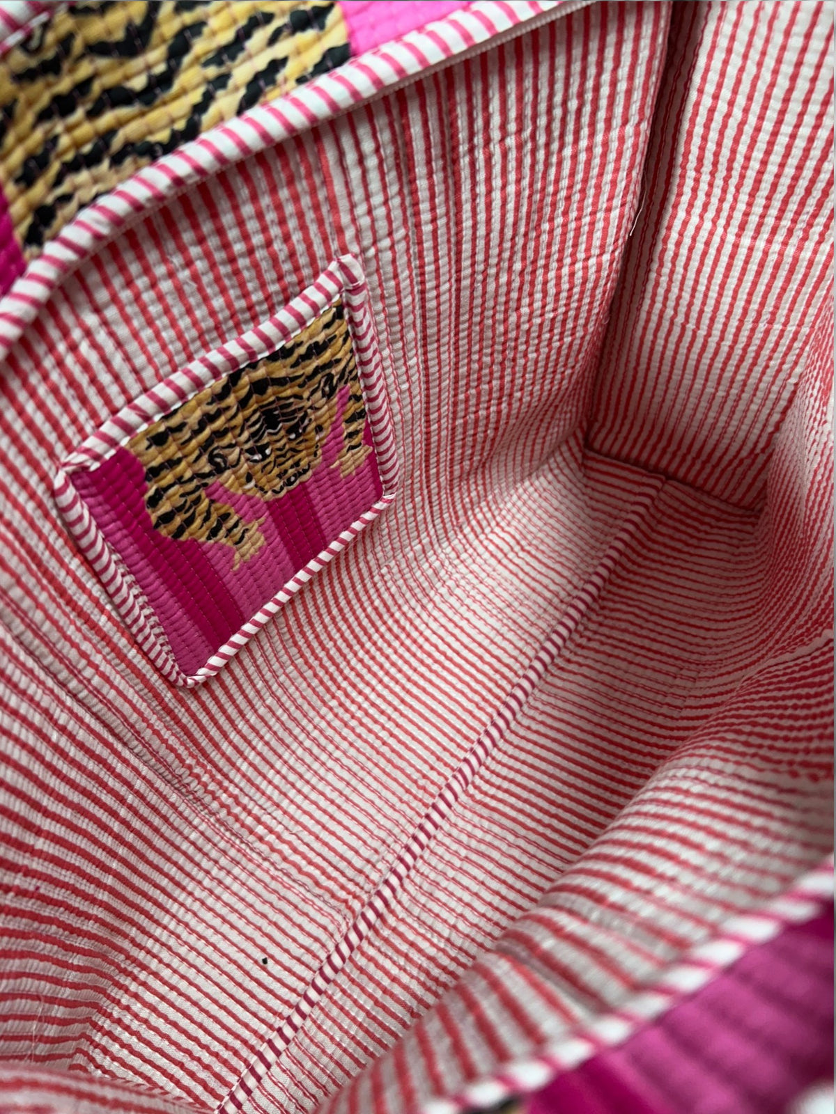 Large Pink Tiger Print Quilted Tote Bag | Striped Cotton Shoulder Tote