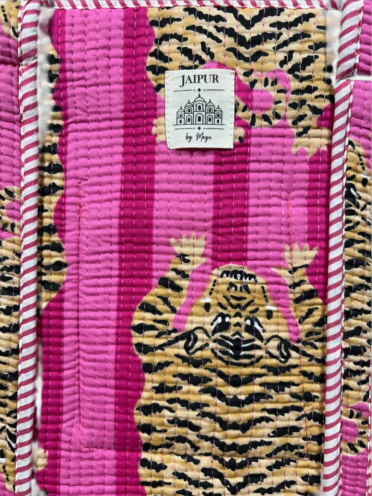 Large Pink Tiger Print Quilted Tote Bag | Striped Cotton Shoulder Tote