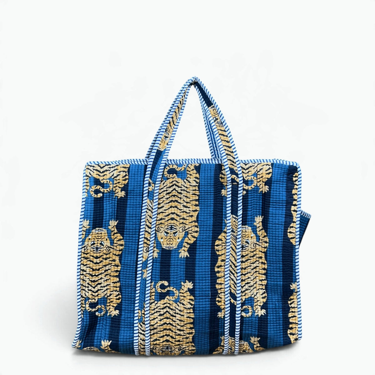 Large Blue Tiger Print Quilted Tote Bag | Striped Cotton Shoulder Tote