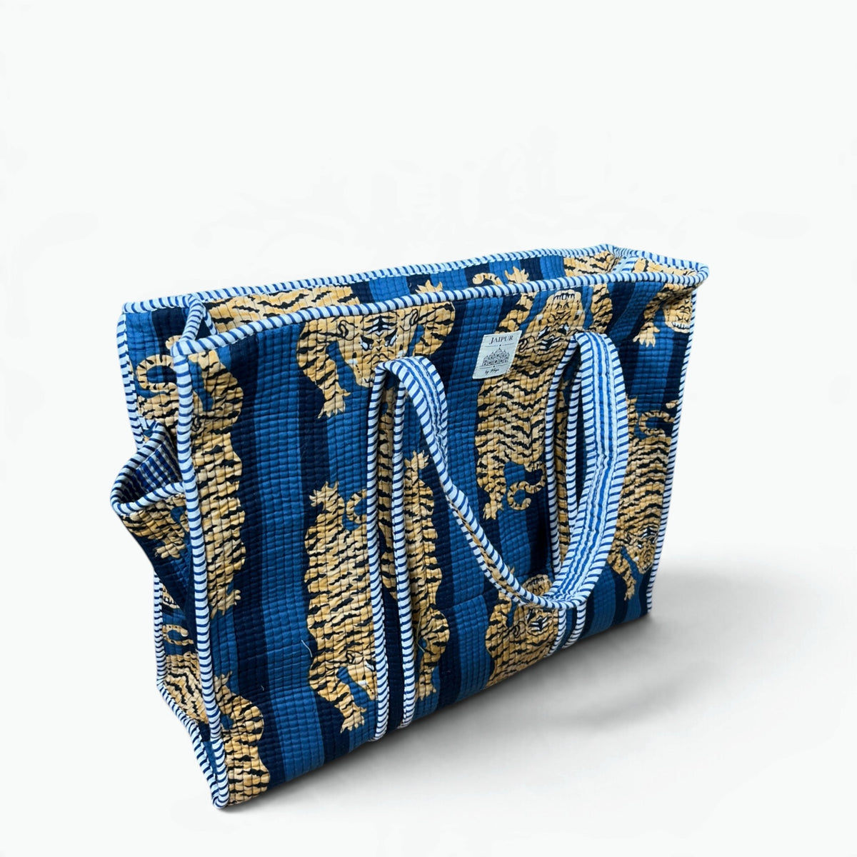 Large Blue Tiger Print Quilted Tote Bag | Striped Cotton Shoulder Tote