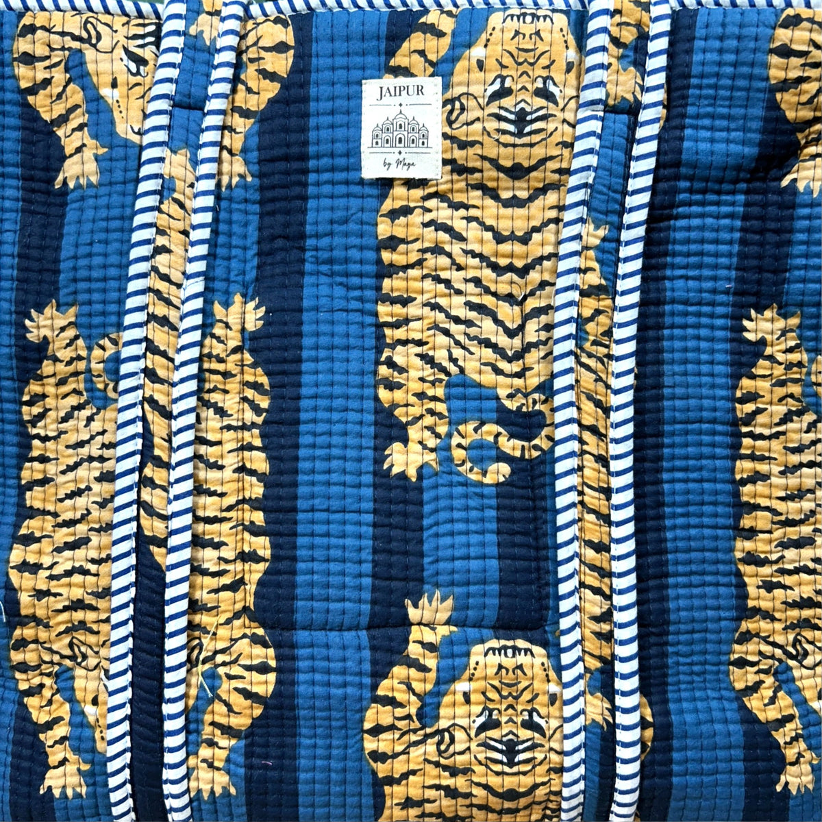 Large Blue Tiger Print Quilted Tote Bag | Striped Cotton Shoulder Tote