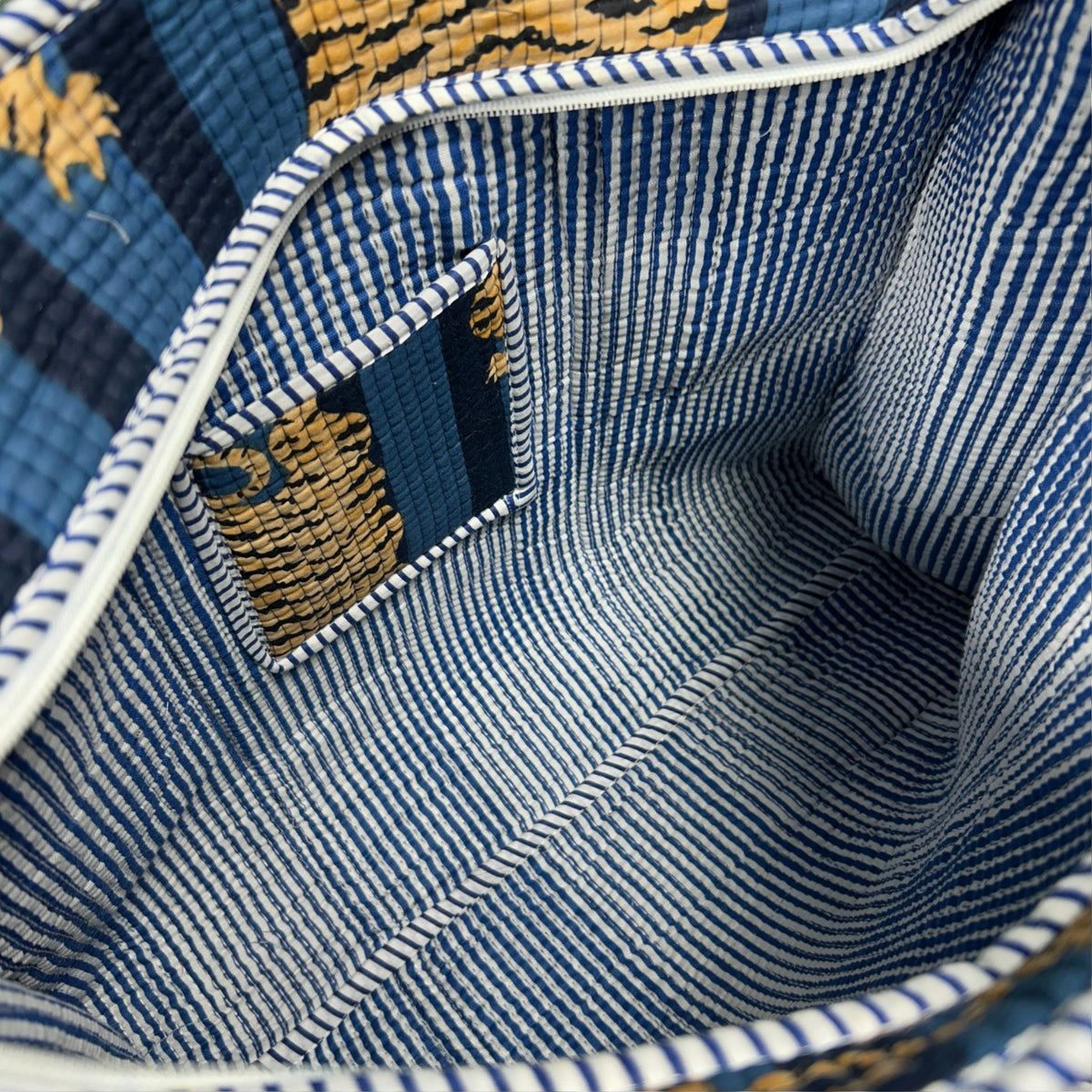 Large Blue Tiger Print Quilted Tote Bag | Striped Cotton Shoulder Tote