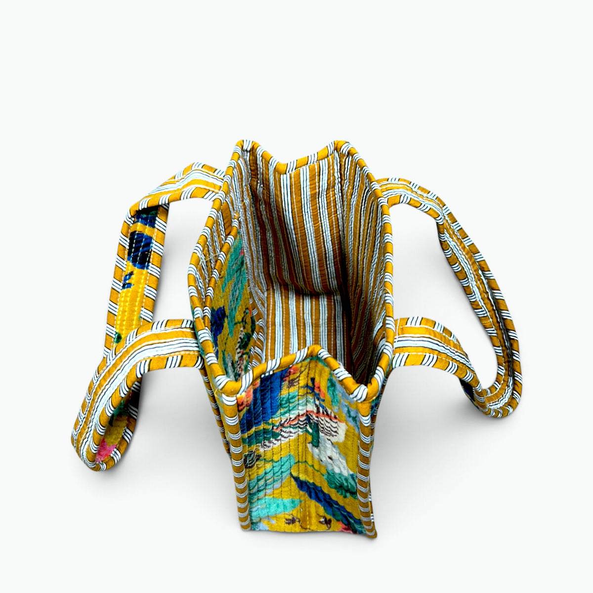 Small Yellow Velvet Reversible Tote Bag | Quilted Mini Tote with Tropical Print & Striped Handles