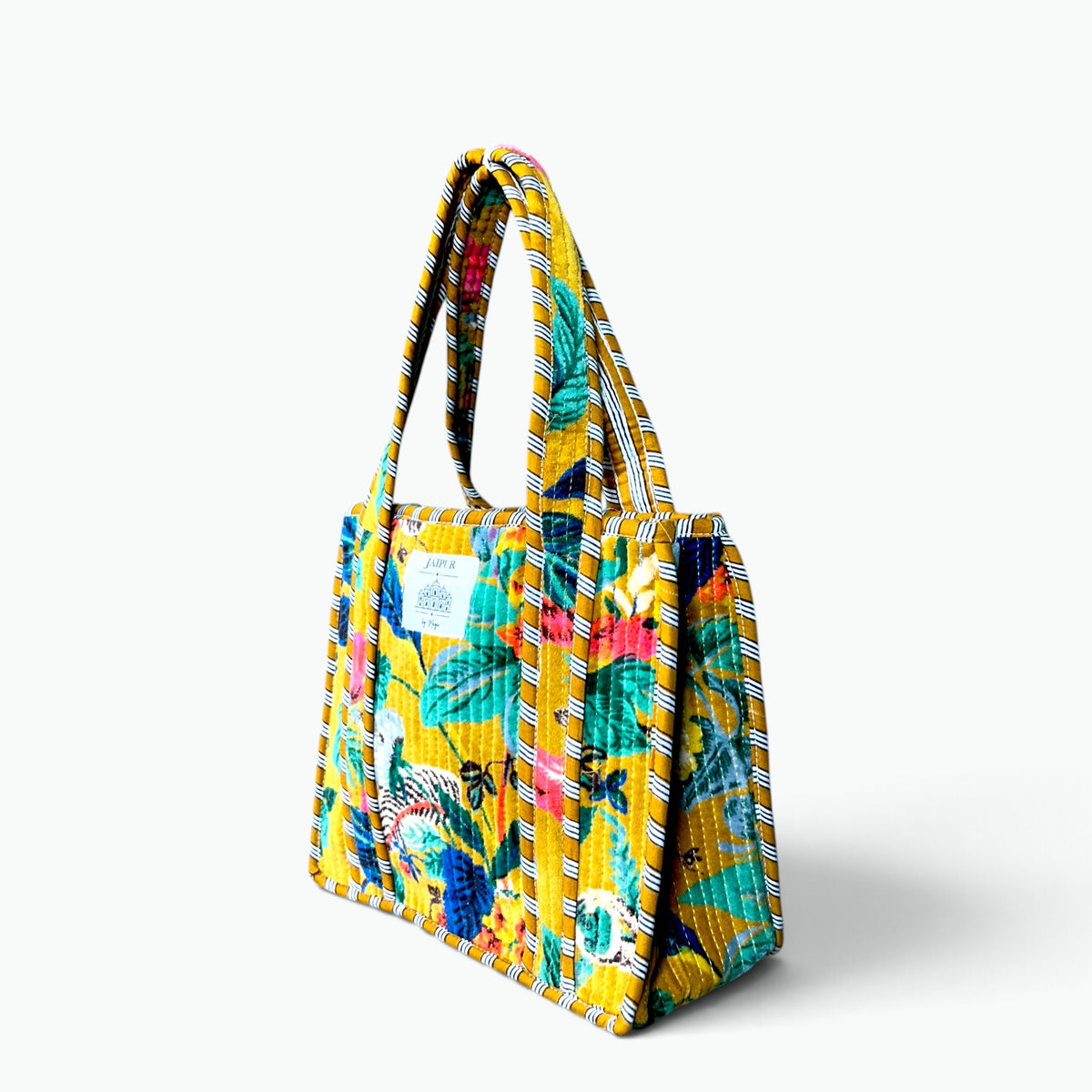 Small Yellow Velvet Reversible Tote Bag | Quilted Mini Tote with Tropical Print & Striped Handles