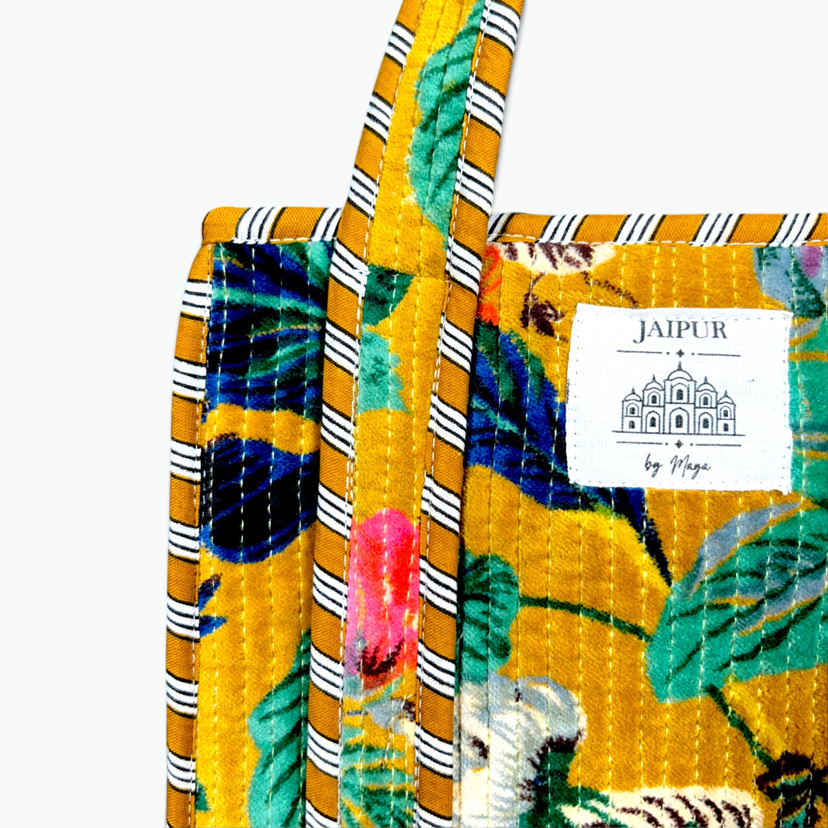 Small Yellow Velvet Reversible Tote Bag | Quilted Mini Tote with Tropical Print & Striped Handles