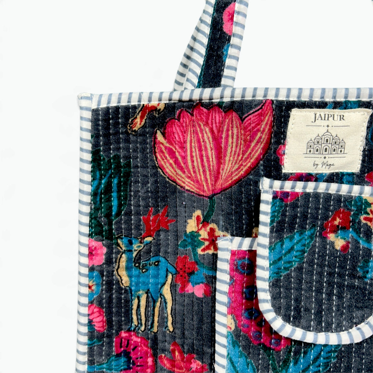 Medium Navy Velvet Garden Tote Bag | Birds & Flowers