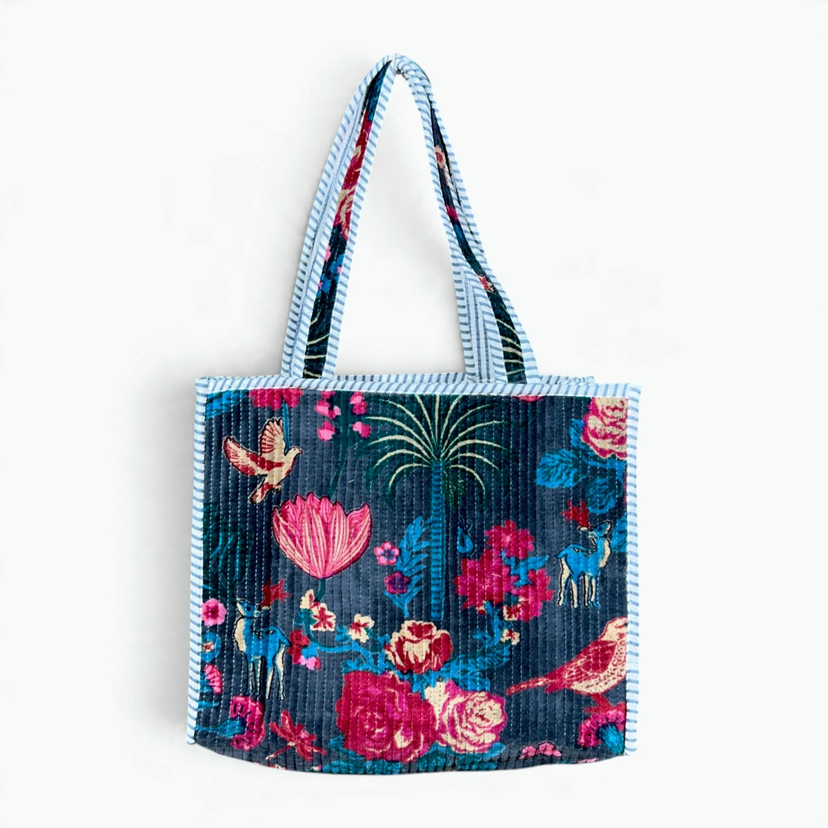 Medium Navy Velvet Garden Tote Bag | Birds & Flowers