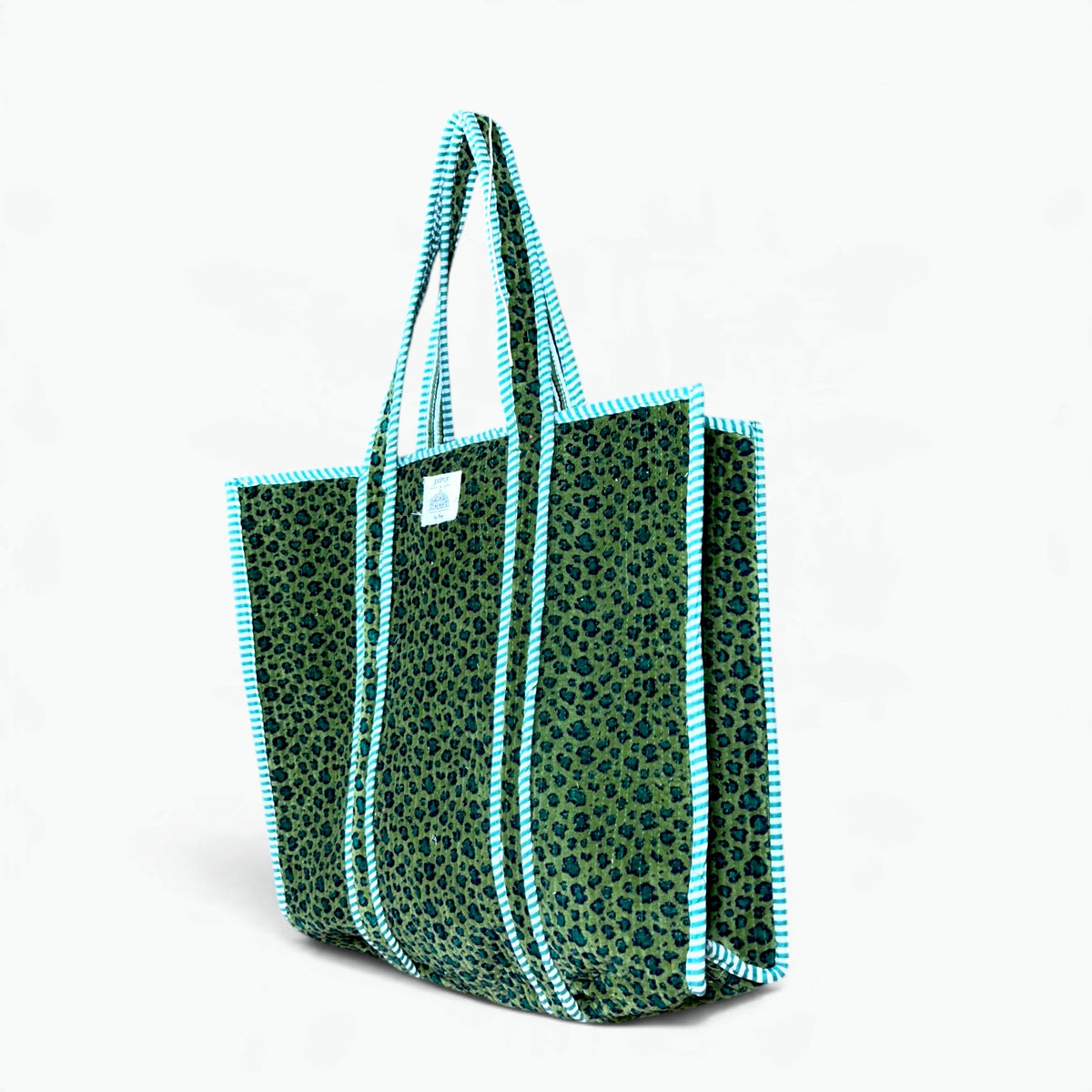 Large Green Velvet Reversible Leopard Print Tote Bag | Quilted Velvet Shoulder Tote with Inside Pocket