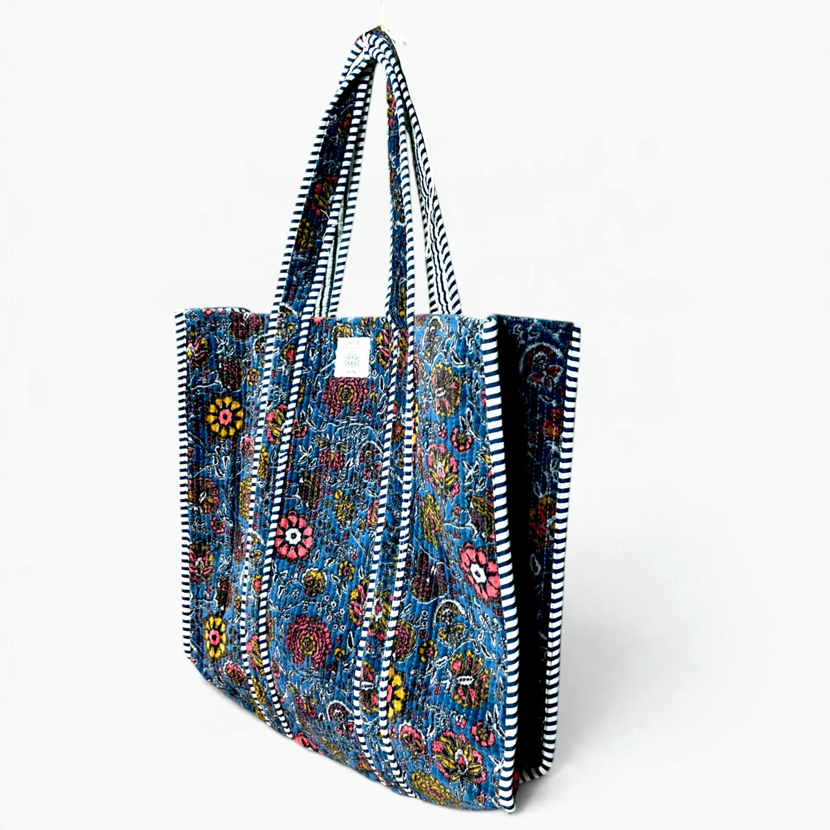 Large Blue Velvet Vintage Floral Tote Bag | Quilted Velvet Shoulder Tote with Inside Pocket