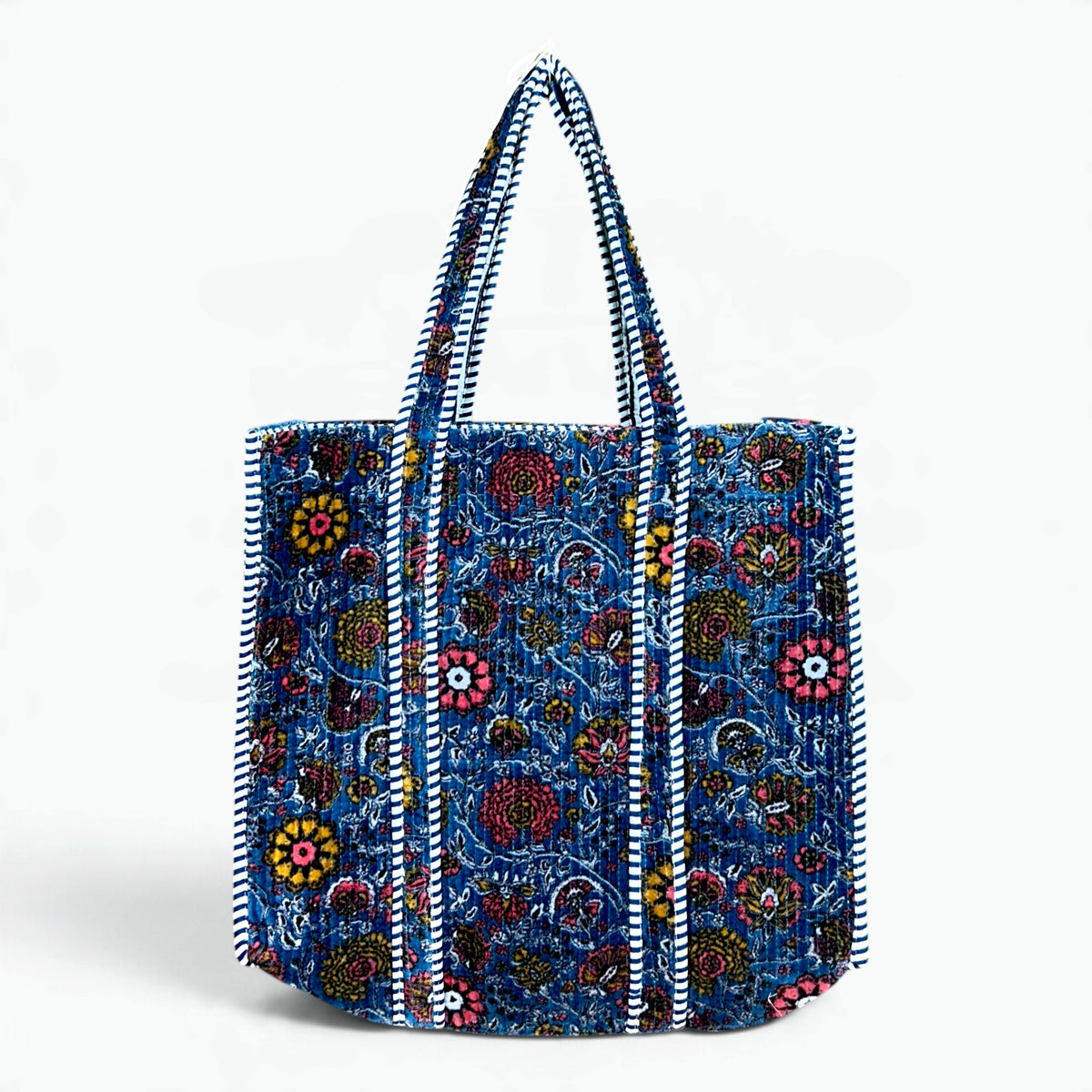 Large Blue Velvet Vintage Floral Tote Bag | Quilted Velvet Shoulder Tote with Inside Pocket