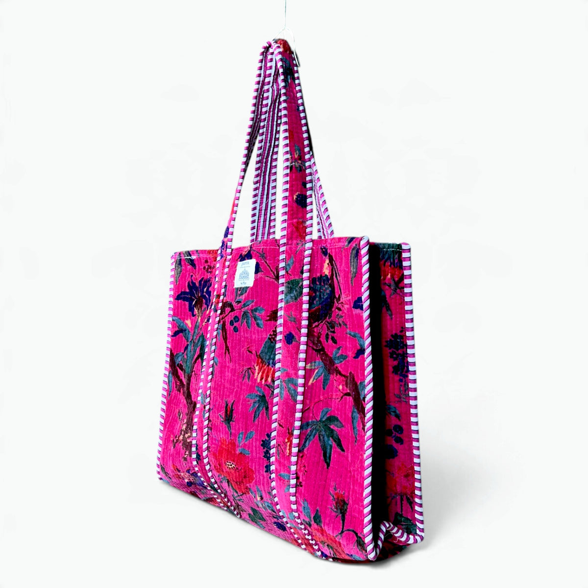Large Hot Pink Velvet Reversible Bird of Paradise Tote Bag | Quilted Velvet Shoulder Tote with Inside Pocket