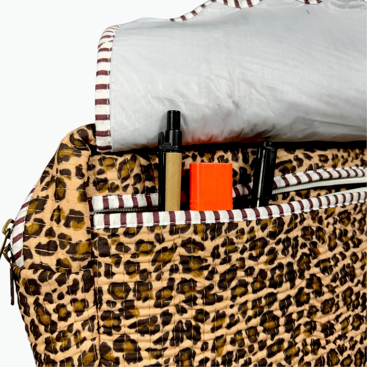 Leopard Print Scallop Pouch | Quilted Cotton Makeup & Wash Bag with Zip