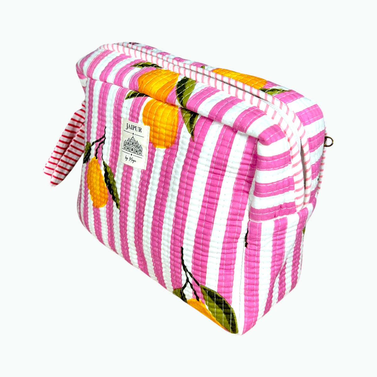 Pink Striped Lemon Print Scallop Pouch | Quilted Cotton Makeup & Wash Bag with Zip