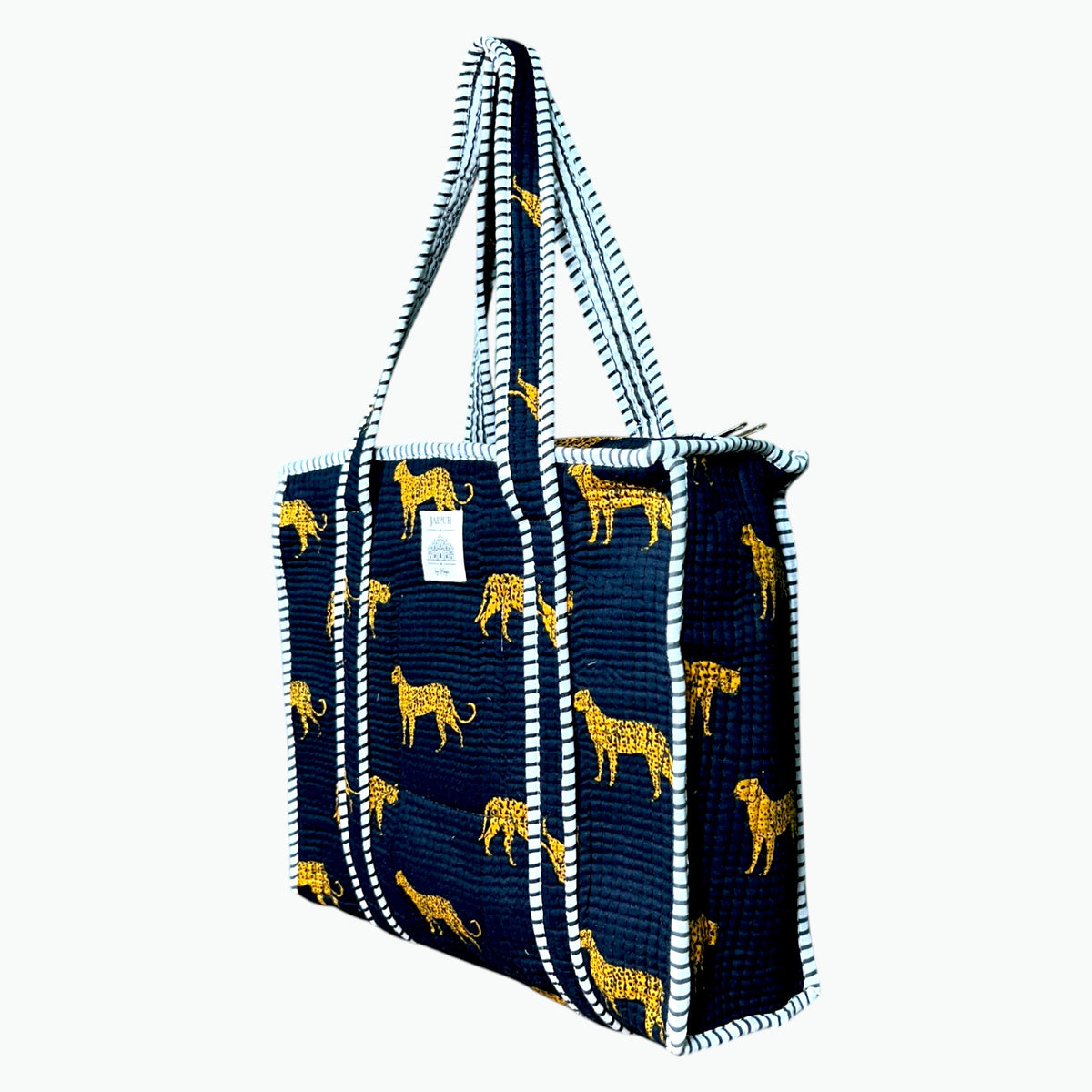 Black Leopard Print Quilted Tote Bag | Cotton Zip Tote
