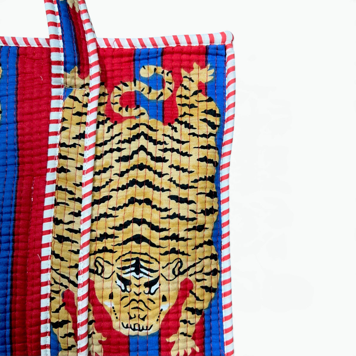 Red & Blue Tiger Print Quilted Tote Bag | Striped Cotton Shoulder Tote