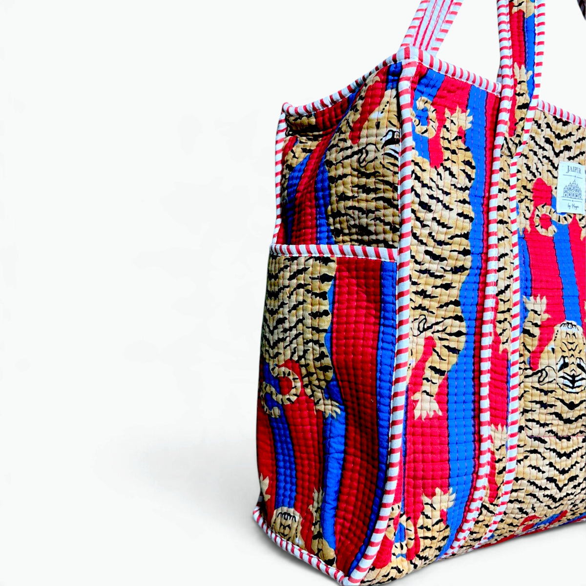Red & Blue Tiger Print Quilted Tote Bag | Striped Cotton Shoulder Tote