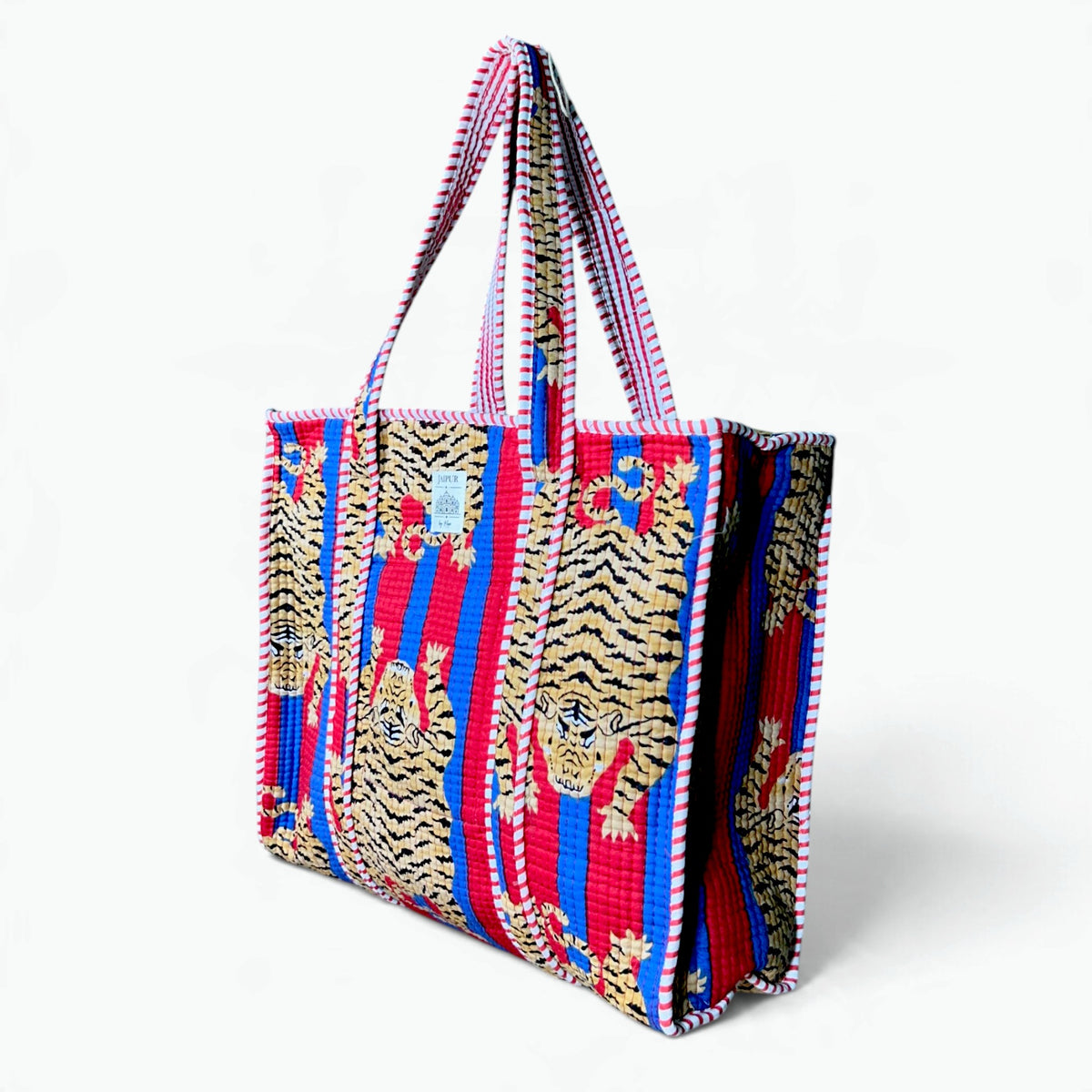 Red & Blue Tiger Print Quilted Tote Bag | Striped Cotton Shoulder Tote