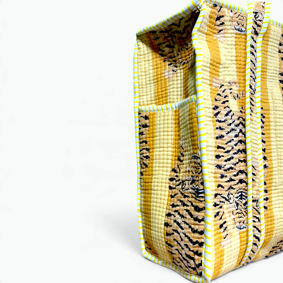 Yellow Tiger Print Quilted Tote Bag | Striped Cotton Shoulder Tote