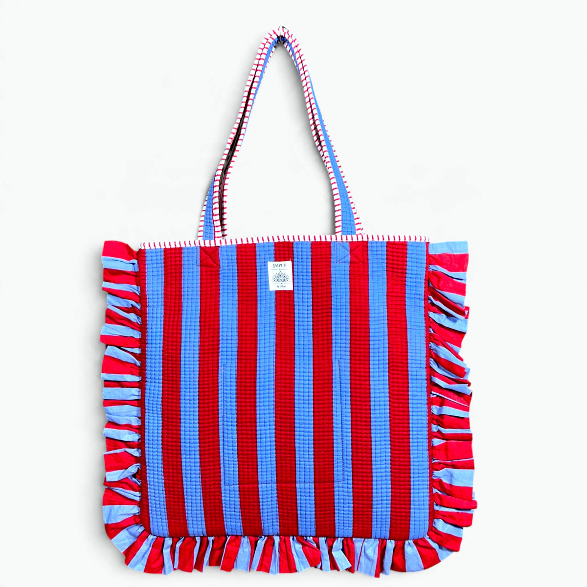 Red and cornflower blue striped quilted cotton tote bag with ruffle frill trim and red and white striped handles