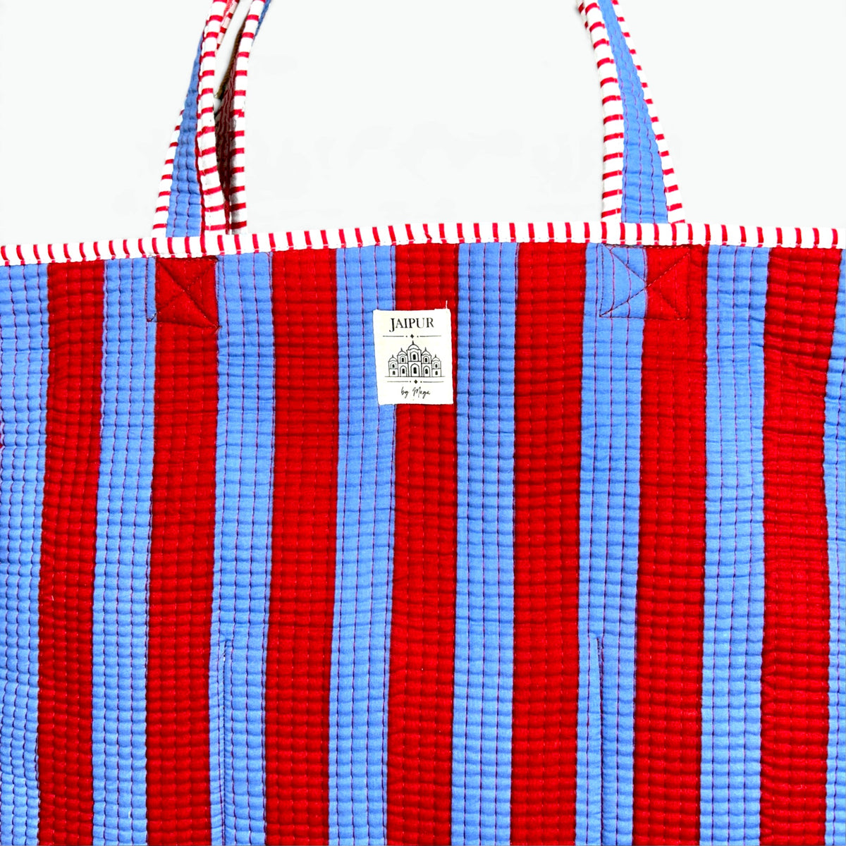 Frill Striped Quilted Tote Bag | Ruffle Trim Cotton Shoulder Tote
