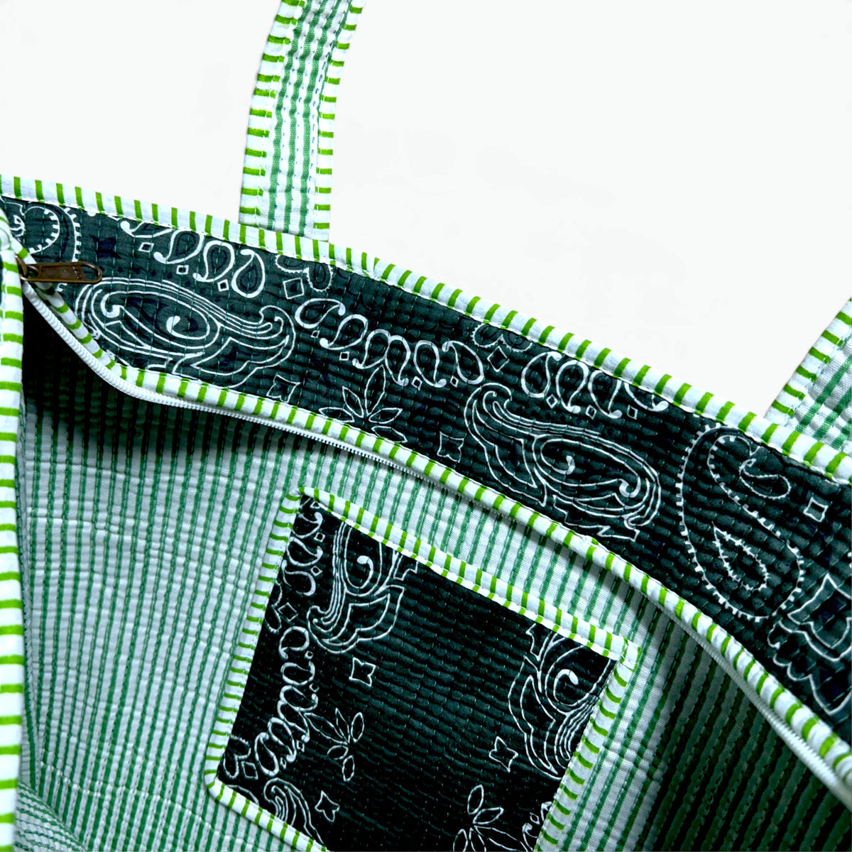 Bandana Paisley Quilted Tote Bag | Cotton Shoulder Tote with Pocket