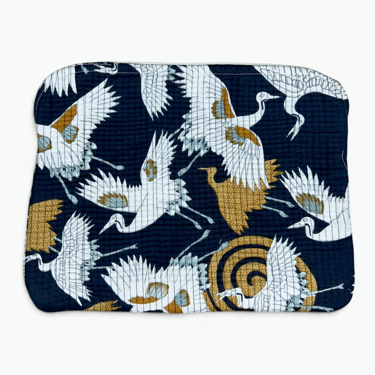 Crane Print Quilted iPad Sleeve | Navy & Gold Tablet Cover with Zip