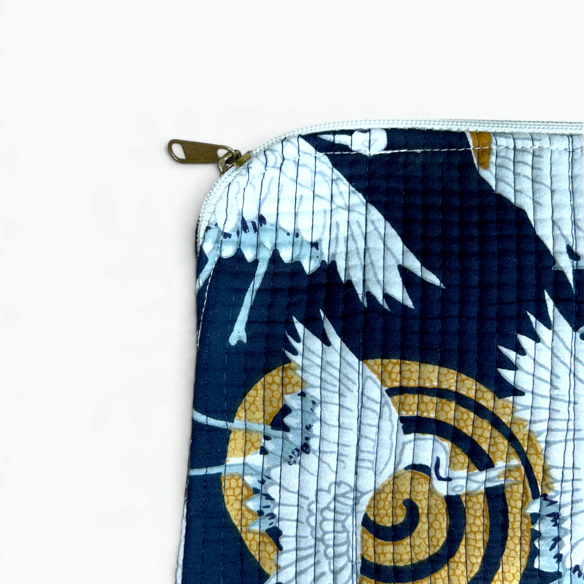Crane Print Quilted iPad Sleeve | Navy & Gold Tablet Cover with Zip