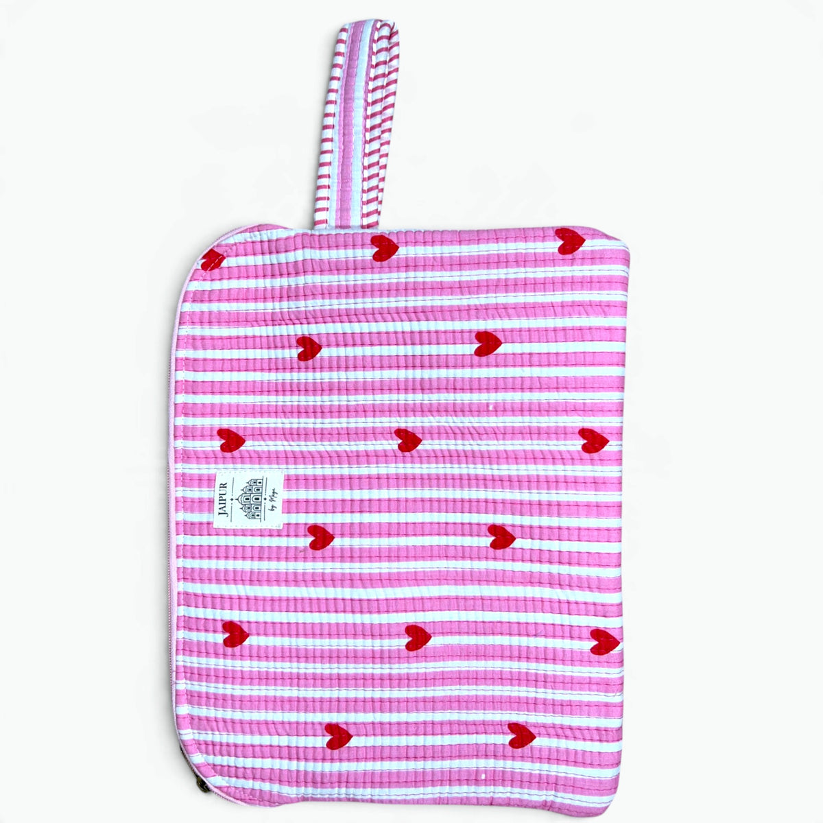 Pink Striped Heart Quilted iPad Sleeve | Cute Tablet Cover with Zip & Wrist Loop