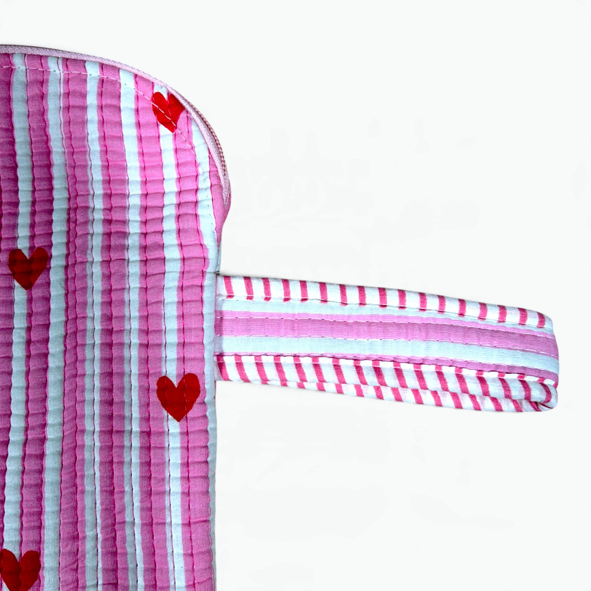 Pink Striped Heart Quilted iPad Sleeve | Cute Tablet Cover with Zip & Wrist Loop