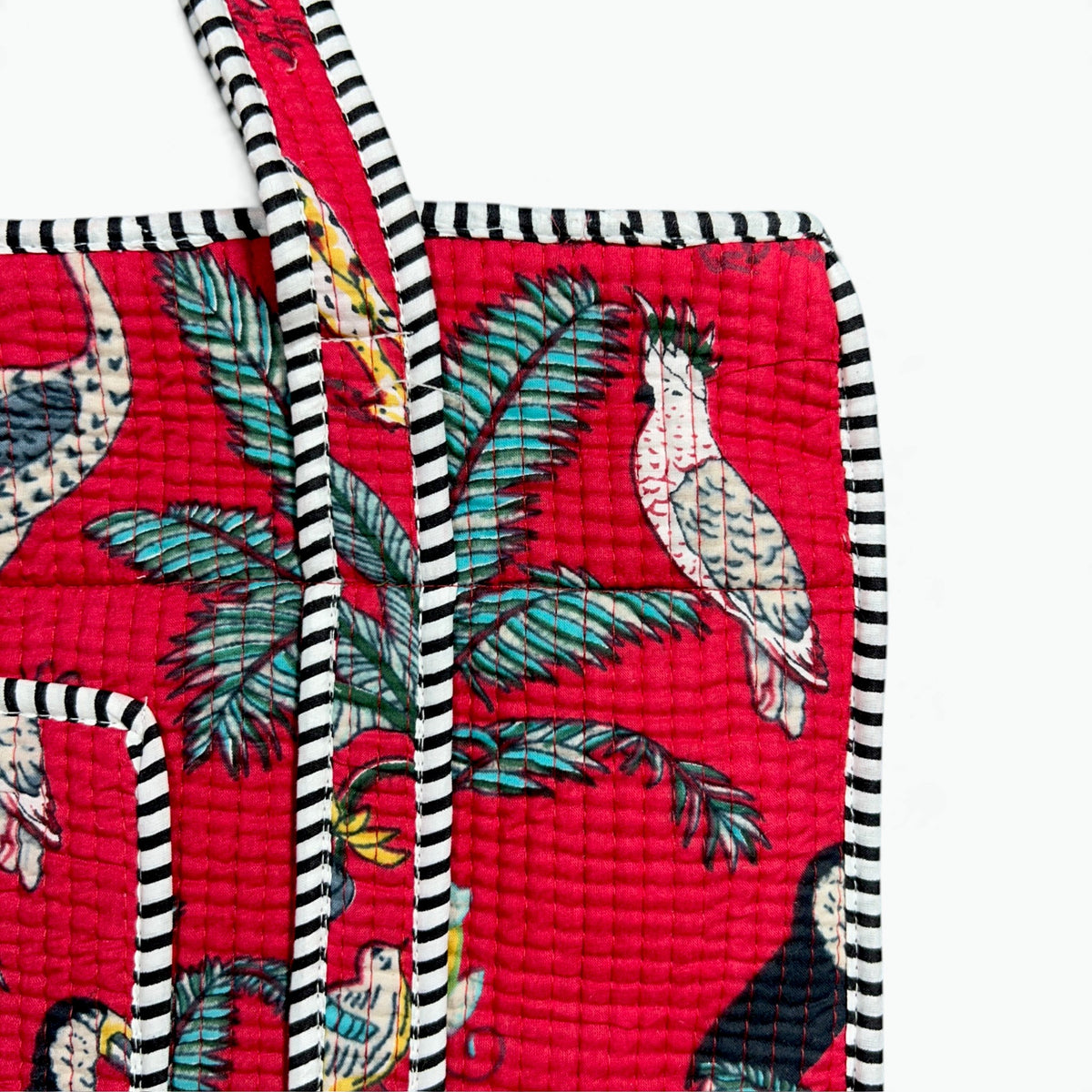 Red Toucan Jungle Quilted Tote Bag with Campartments | Hand Block Printed Cotton