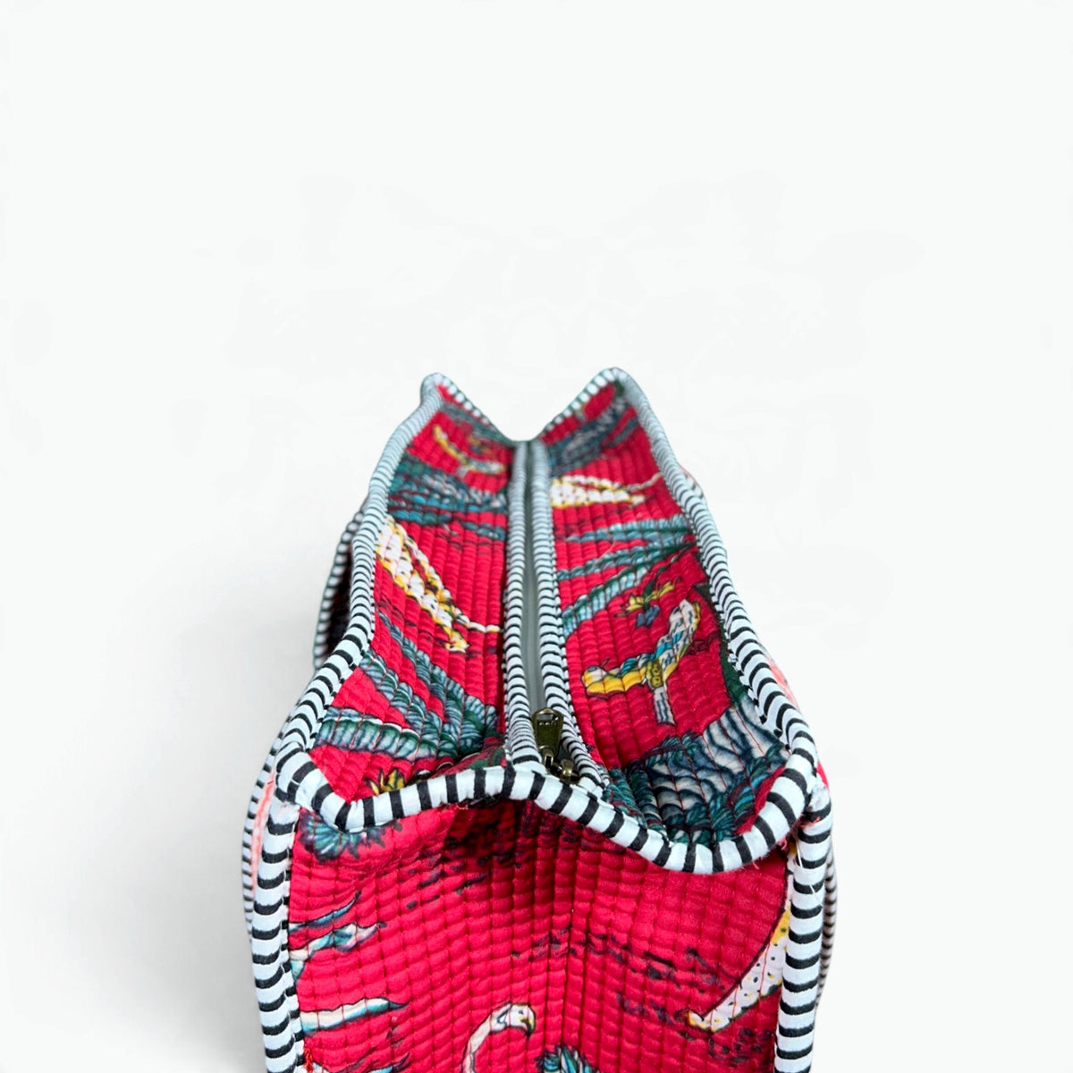 Red Toucan Jungle Quilted Tote Bag with Campartments | Hand Block Printed Cotton
