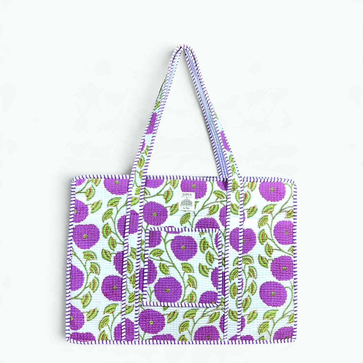 Purple Bloom Quilted Tote Bag with campartments | Hand Block Printed Cotton