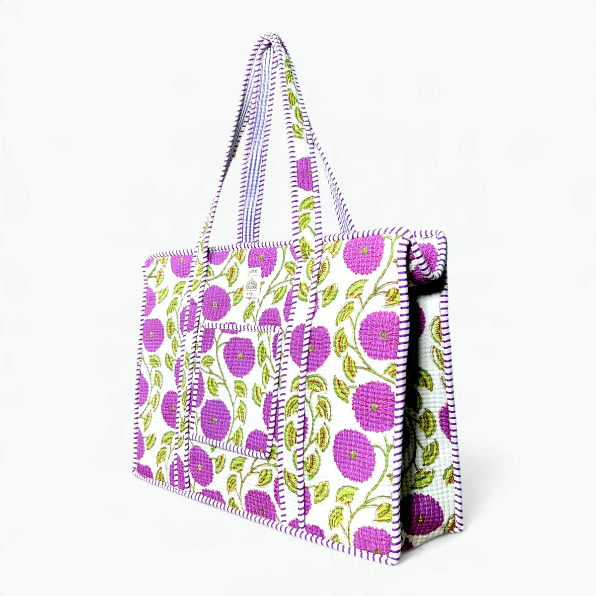 Purple Bloom Quilted Tote Bag with campartments | Hand Block Printed Cotton