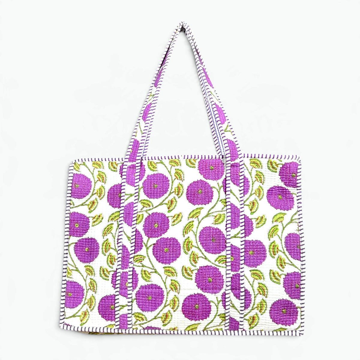 Purple Bloom Quilted Tote Bag with campartments | Hand Block Printed Cotton