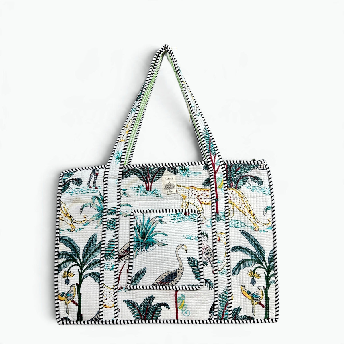 Safari Jungle Quilted Tote Bag with campartments | White Hand Block Printed Cotton