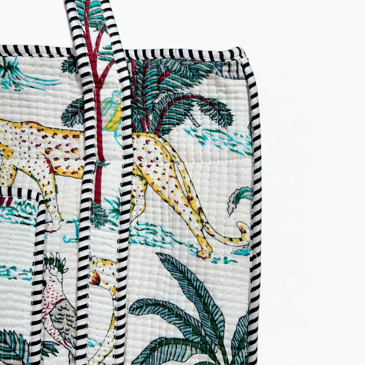 Safari Jungle Quilted Tote Bag with campartments | White Hand Block Printed Cotton