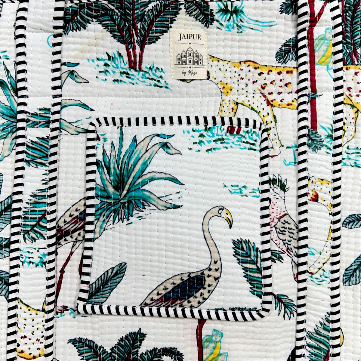Safari Jungle Quilted Tote Bag with campartments | White Hand Block Printed Cotton