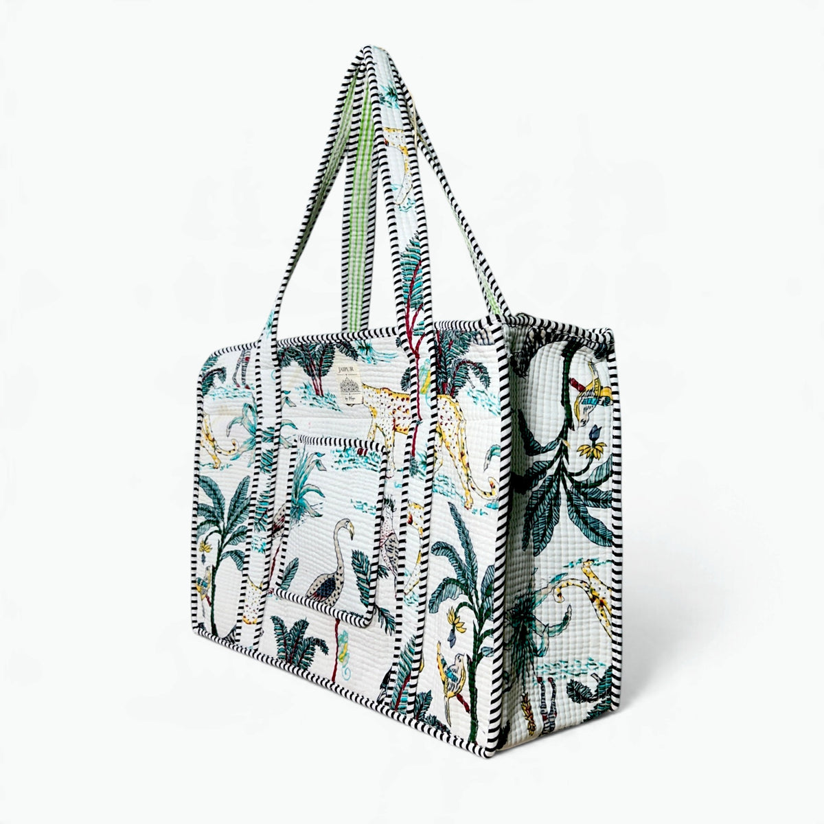 Safari Jungle Quilted Tote Bag with campartments | White Hand Block Printed Cotton