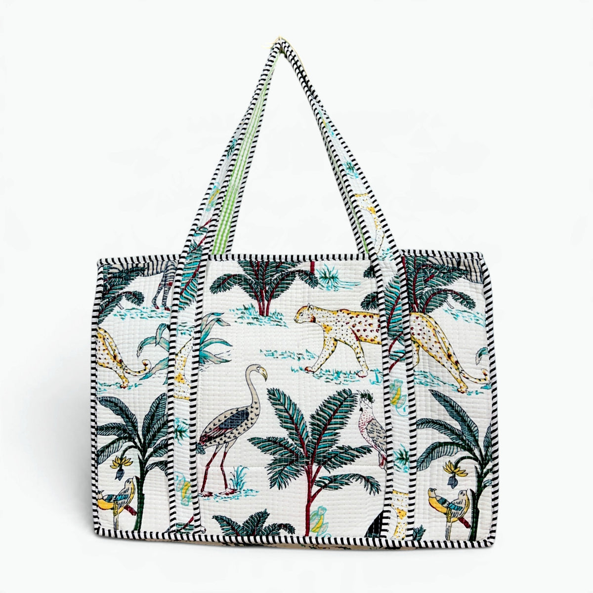 Safari Jungle Quilted Tote Bag with campartments | White Hand Block Printed Cotton