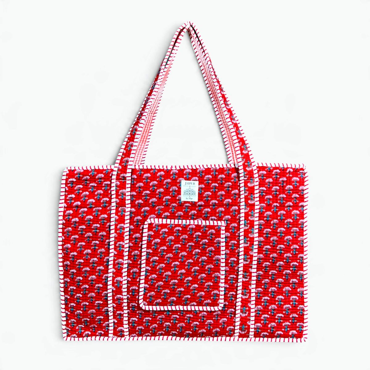 Red Ditsy Floral Quilted Tote Bag with Campartments | Hand Block Printed Cotton